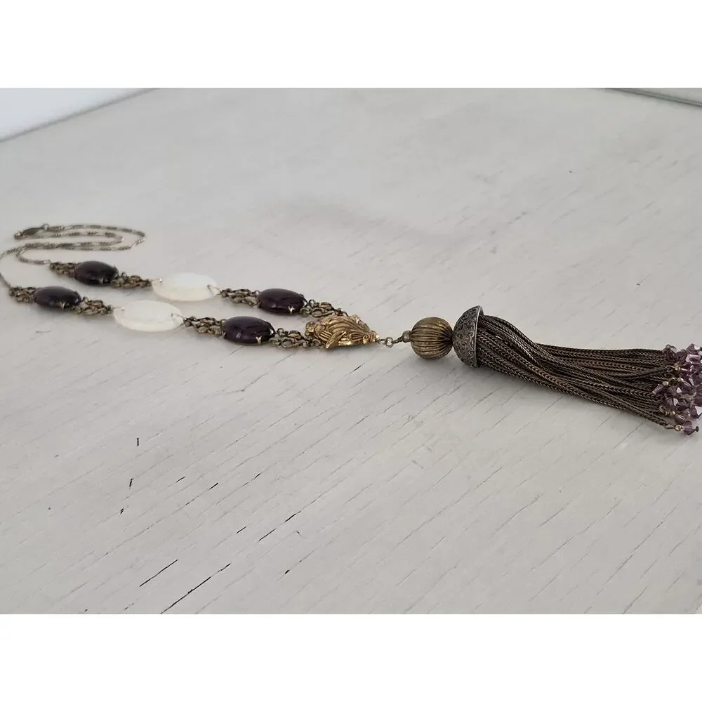 Vintage Signed Sadie Green Amethyst Colored Tassel Necklace
